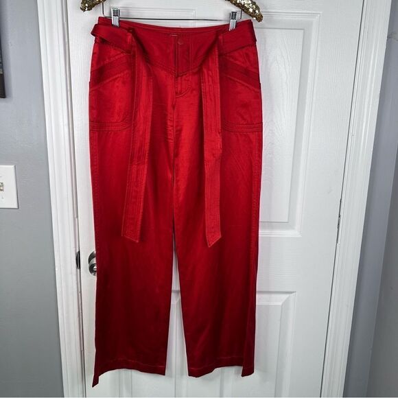 Sz 4 Armani Exchange Red Silk Blend Wide Leg Pants - Picture 3 of 17